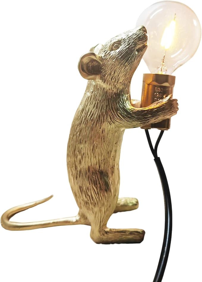 Modern Cute LED Resin Animal Mouse Table Lamp Art Mouse Children's Bedside Gift Desk Lights Small Mini Mice lamp(Gold Standing)