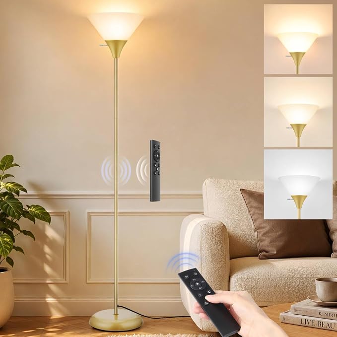 Coucrek Floor Lamp for Living Room, Torchiere Standing Light | Remote Control Stepless Dimmable Brightness & Color Temperature, 9W LED Bulb Included, Tall Lamp for Bedroom, Office, Dorm