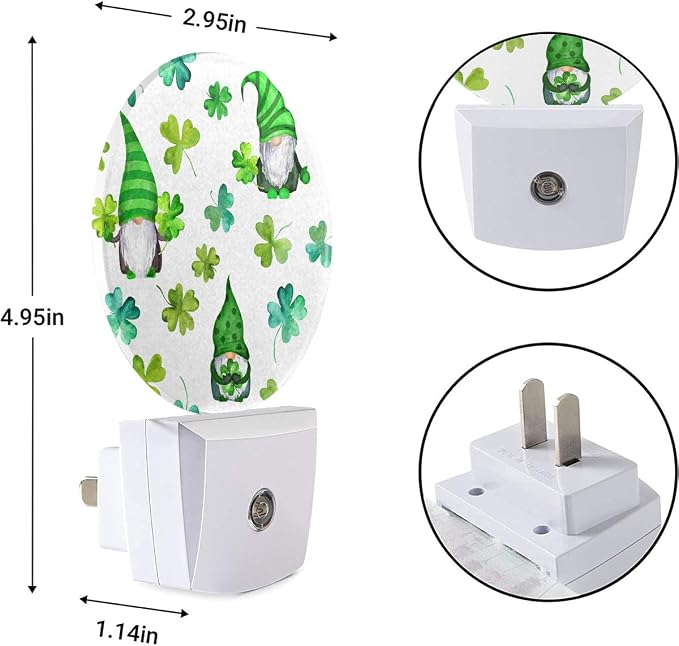 EKOBLA St. Patrick's Day Gnome Night Light, Green Shamrock Clover Night Lights Plug Into Wall with Auto Sensor for All Ages