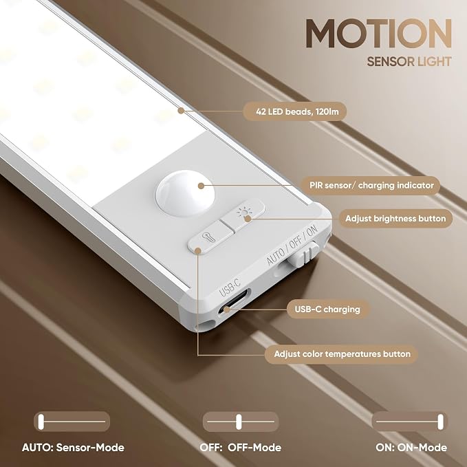 10.5inch Under Cabinet Lighting Wireless, Motion Sensor Light Indoor 3PCS | 3 Color Temps & 5 Level Brightness, Rechargeable Magnetic Closet Light Under Counter Lights for Kitchen, Bedroom, Stair