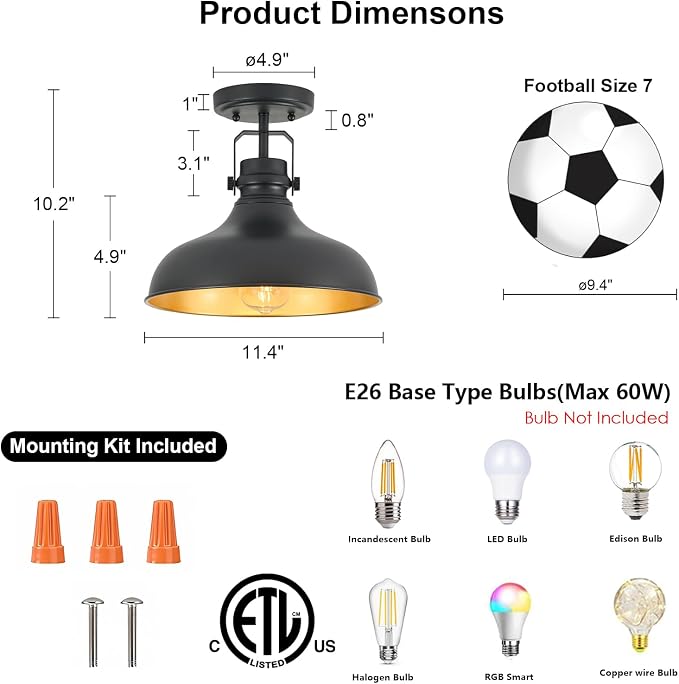 Metal Semi Flush Mount Light Fixture 11.4 inch Ceiling Light Black | ETL Certificate,Hallway Light Fixtures for Kitchen,Hall,Bedroom,Bathroom,Entryway 2 pack