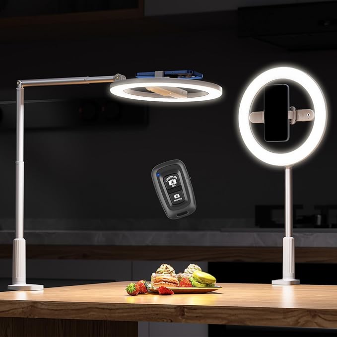 Ring Light with Overhead Phone Mount, 10" Selfie Light with Stand and Phone Holder for Video Recording, Desk Overhead Tripod for Content Creators, TikTok, YouTube, Zoom Meeting, Live Streaming