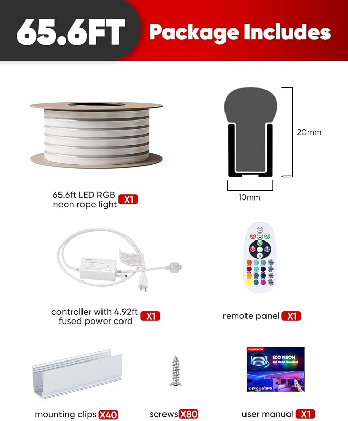 LED RGB Neon Rope Lights AC 120V, Expandable & Cuttable Bright Strip Lighting with Remote, Dimmable Color Changing, ETL Cold-Resistant & IP65 Waterproof for in&Outdoor, 10x20mm, 65.6FT