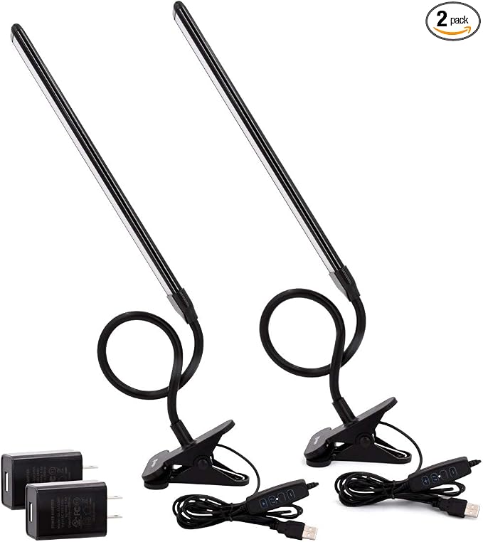 Clamp on Lamp, Clip Light, Desk Lamps 3 Color Temperature Setting, 10 Brightness Levels, 2m USB Cord Power Supply and AC Adapter Included, Pack of 2 (Black)
