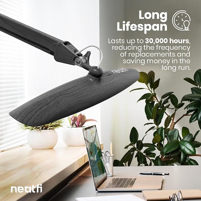 Neatfi XL 2200 Lumens 24W LED Desk Lamp – Shadow-Free Task Lighting | 4-Level Dimming | Home Office & Crafts Use | 20-Inch Wide Head (Gray Wood, Non-CCT with Clamp)