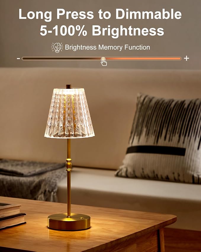 SAIWEYA Cordless Table Lamp Battery Operated Touch Dimming Crystal Lamp | 3 Colors Modes, Rechargeable LED Desk Lamp Night Light for Bedroom, Kitchen, Bar, Office