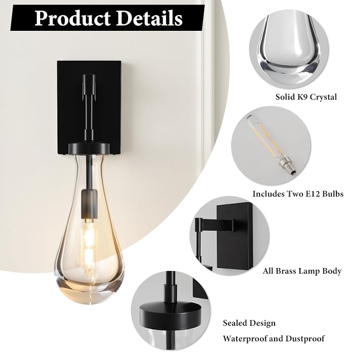 Raindrop Brass Crystal Wall Sconce: Set of 2 Modern Black Bathroom Lights | Clear Solid Sconces with Bulb, Dimmable Matte Vanity Lamp, Luxury Teardrop Lighting Fixture for Living Room Hallway Bedside