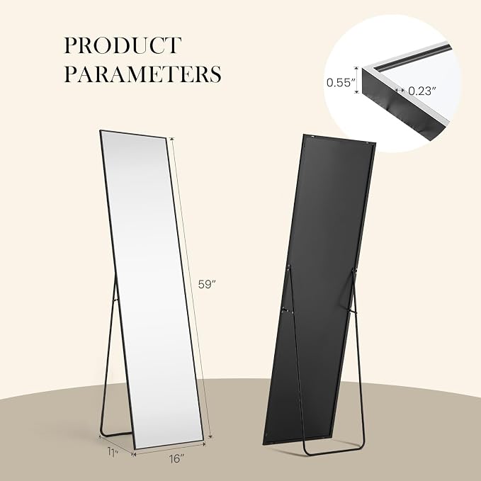 Full Length Floor Mirror, 15.75"x59" Body Wall Mirror with Stand | Shatter-Proof Nano Glass, Tall Standing, Hanging or Leaning, Aluminum Alloy Frame for Bedroom, Modern Home Decor, Black
