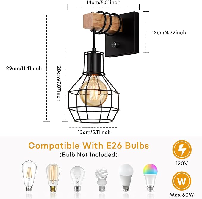 Lightess Farmhouse Wall Light with Switch Hardwired Dimmable Wall Sconce | Metal Black Cage Shade Delivers Wide Light Handy Dimmer Switch, Rustic Wall Lamp Perfect For Kitchen Living Room Indoor Decor