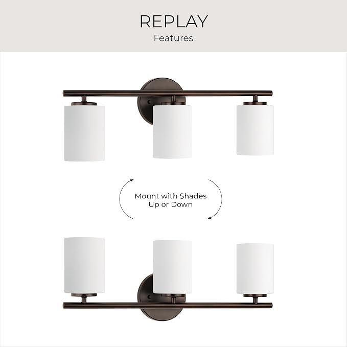 Progress Lighting Replay Collection 3 Light Bathroom Vanity Light, Modern Bath Lighting Fixture with Etched White Glass Shades for Over the Mirror, Reversible Mounting, Antique Bronze