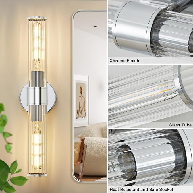 Bathroom Vanity Light Fixtures, Chrome Wall Sconce in Threaded Glass, Modern Wall Light Up and Down Wall Mount Lamp for Bathroom, Living Room, Hallway, Kitchen - Bulb Not Included
