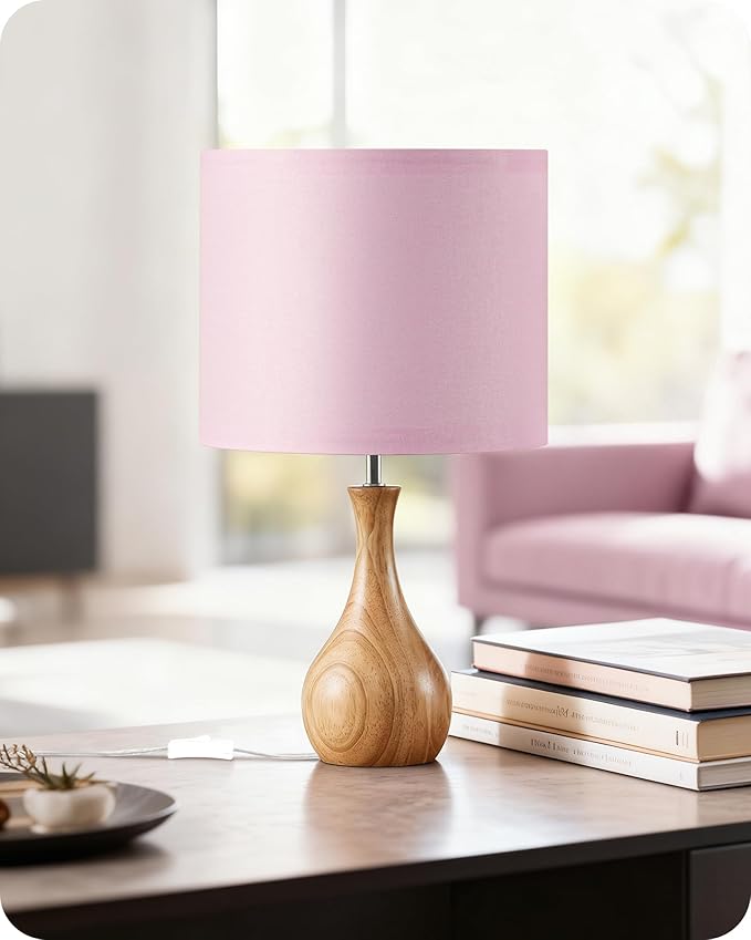 Small Table Lamp, 14.2" Cute Little Desk Lamp with Wood Bottle-Shaped Base & Pink Linen Lampshade, Bedside Lamp with Cable, E26 Base, Bulb Not Included, for Bedroom, Natural MP09TL05