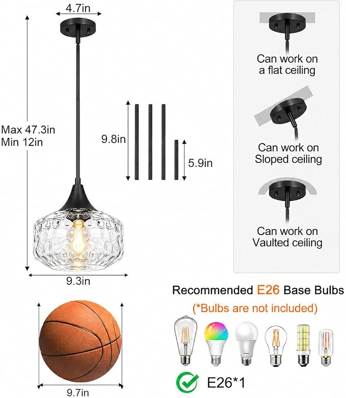 DSMJFU Black Pendant Lights Kitchen Island with Hammered Glass Over Table | 2-in-1 pendant & ceiling light; height adjustable; 90° rotation; adaptable different ceiling types;above kitchen sink light