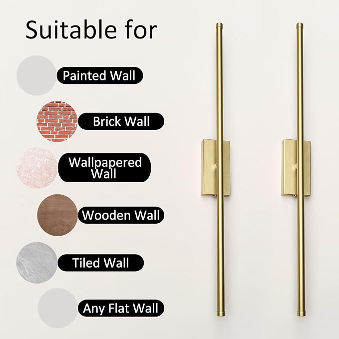 Set of 2 Rechargeable Gold Wall Sconce Peel and Stick Easy Mount | Battery Powered Cordless Picture Lights, Home Decor Linear Wall Sconces for Bedroom Living Room Hallway (28.3'')