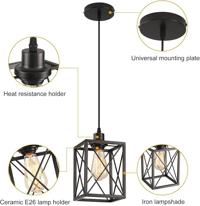 Black Pendant Lighting Modern Pendant Light, Adjustable Pendant Light Fixture,Pendant Lights Kitchen IslandLight (3 Pack Square Pendant Light)