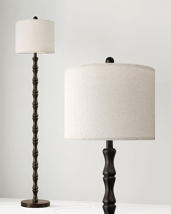 62" Farmhouse Floor Lamp for Living Room, Rustic Standing Lamp with Linen Shade and Rotary Switch, Resin Corner Floor Lamp for Bedroom, Dining Room, Office, Home Decor, Dark Brown