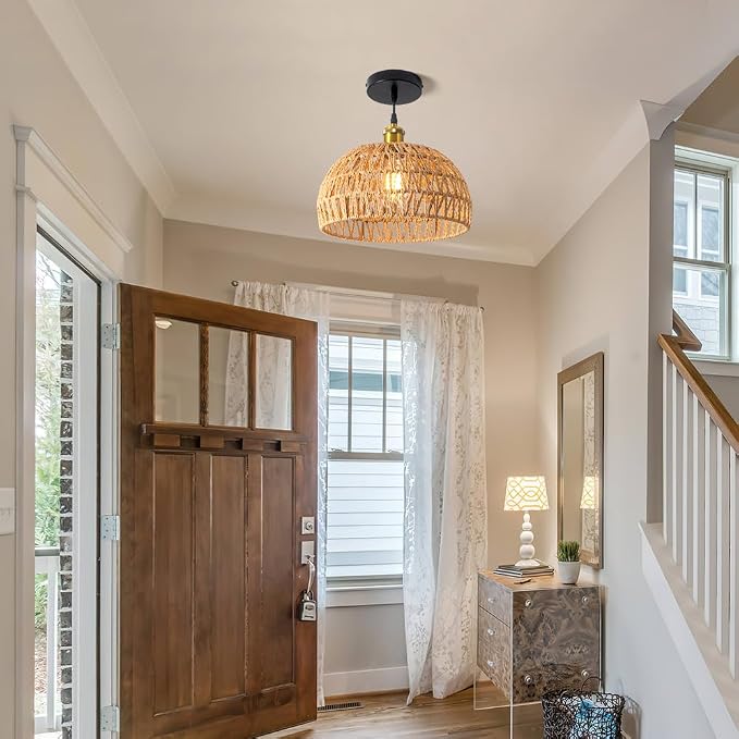 Hanging Lamps Rattan Pendant Light,Cord Bamboo Pendant Light Fixture Hanging Lamp Boho Ceiling Light Fixtures Farmhouse Pendant Lamp Shape for Living Room Bedroom Kitchen,30CM,E26 Base