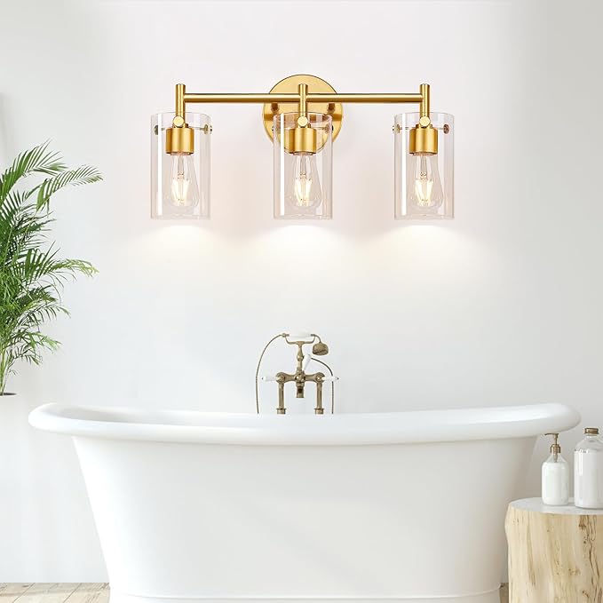 Bathroom Light Fixtures, 3-Light Brushed Gold Vanity Light, Gold Bathroom Lights Over Mirror with Clear Glass Shade, Wall Sconces for Mirror Bedroom Living Room Hallway