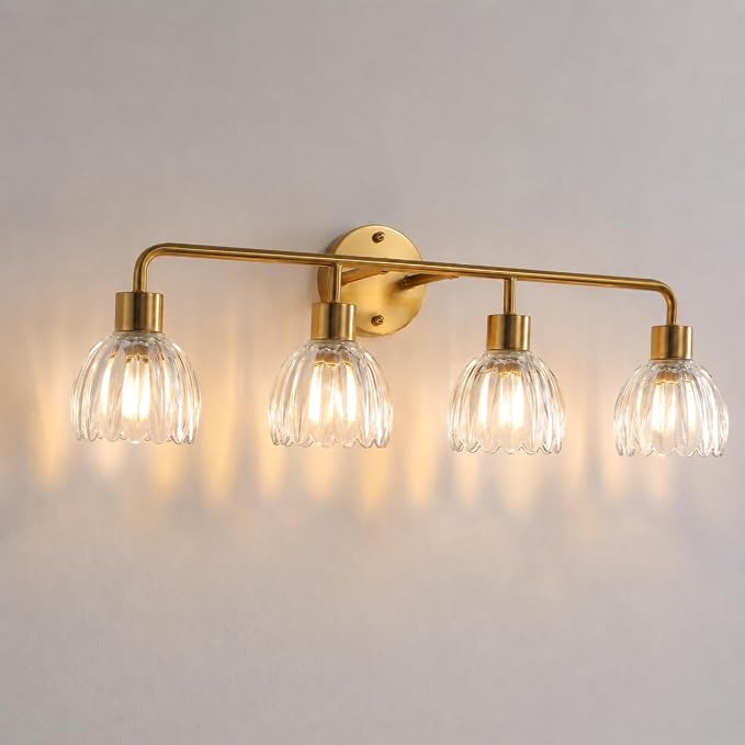 4-Light Gold Brass Bathroom Light Fixture with Clear Tulip Glass Shade,Wall Sconces,Vintage Vanlity Light Over Mirror,Bathroom Wall Light,E26 Socket(Bulbs Not Included) ASIN B0FVG