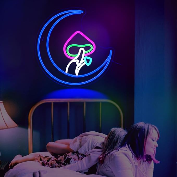 Mushroom Moon Neon Sign, JGHTURIE Cute Led Neon Signs for Wall Decor Blue Light Up Sign for Room, Living Room, Home, Bar Signs, Party, USB Powered