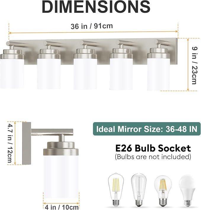 IZORRO Bathroom Vanity Light Fixture, 5-Light 36 Inch Brushed Nickel Bathroom Light Fixtures Over Mirror, with White Glass Shade, Modern Farmhouse Vanity Lights, Rustic Restroom Lighting Fixtures