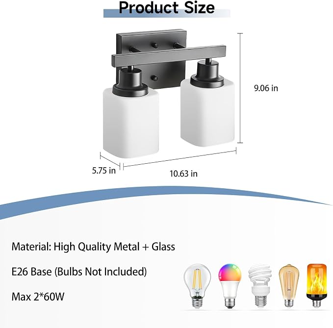 2 Light Bathroom Vanity Light,Matte Black Vanity Lights with Clear Glass,Bathroom Lighting Fixtures Over Mirror,Wall Light Fixtures for Living Room,Bedroom,Hallway(E26 Base)