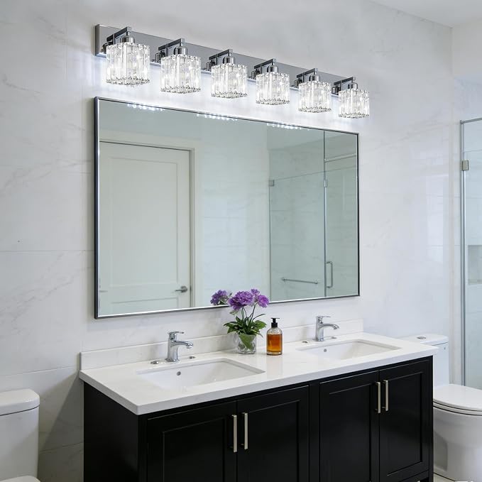Brushed Chrome Crystal Bathroom Vanity Light, 6-Light Modern Bathroom Lighting Fixtures Over Mirror,Chrome Wall Sconce Light Fixtures with Square Shade