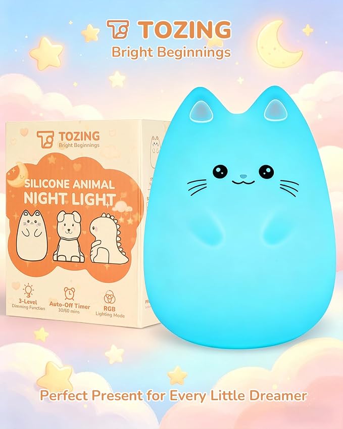 Night Light for Kids, LED Cat Squishy Animal Lamp for Baby, Soft Silicone Dimmable Bedside Touch Light with Timer, Battery Rechargeable Nightlight Girls Gifts Cute Room Decor 4.80 x 4.80 x 5.91 in