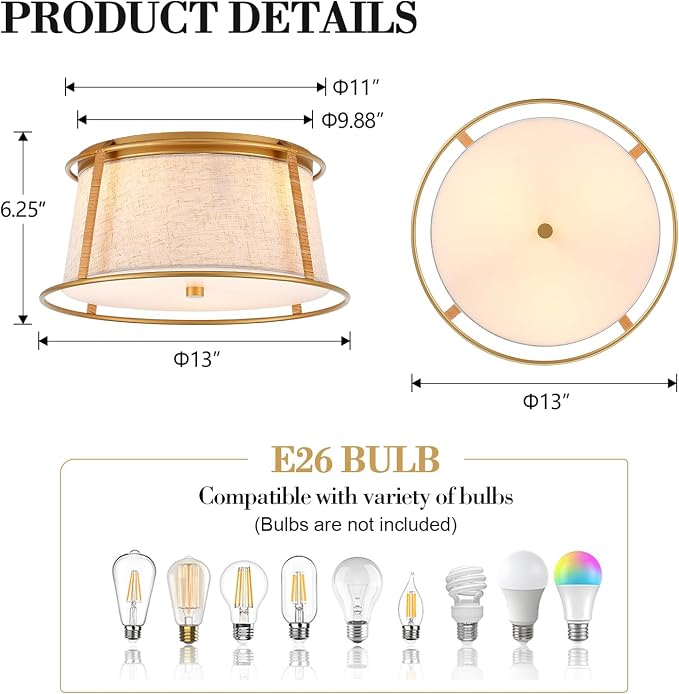VILUXY Gold Semi Flush Mount Ceiling Light Fixture, 13’’ Modern Close to Ceiling Lights with Beige Fabric Linen Drum Shade 3-Light Round Ceiling Lamp for Bedroom Hallway Nursery Kids Room Entryway