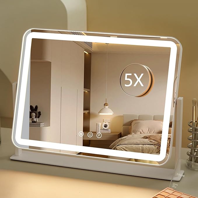 HIEEY Vanity Mirror with Lights, 13.5" x 17.4" Makeup Mirror with Lights, Three Color Lighting Modes, and 5X Magnification Mirror, Smart Touch Control, 360°Rotation (White,Gift Box)