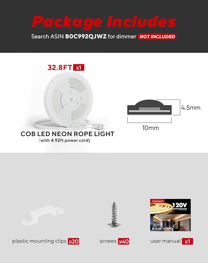 Shine Decor COB LED Rope Light AC 120V, 800lm Ultra Bright, IP65 Waterproof Cold-Resistant ETL Neon Strip, No Driver Tape Lighting for Home Commercial 10x4.5mm, Ice Blue, 32.8ft