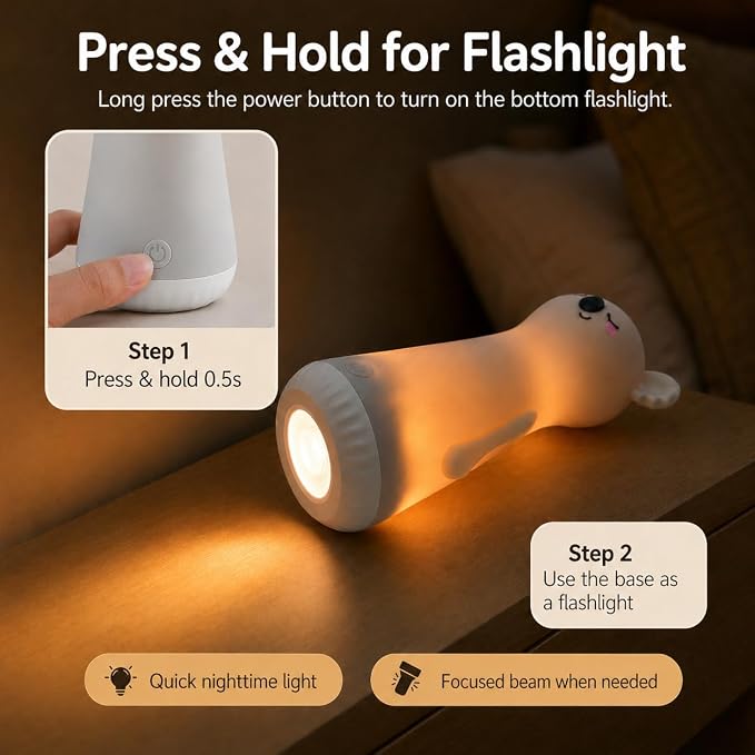 ShaArkMango Night Light with Flashlight for Kids Function Rechargeable LED Dimmable Night Light Toddler Bed Room Glow in Dark Handheld Emergency Flashlight for Nursery Hallway Stairway Walking