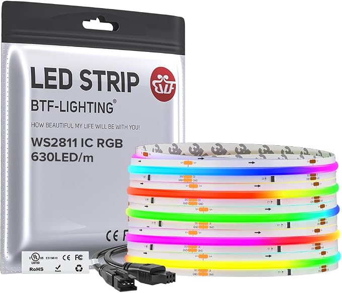 BTF-LIGHTING WS2811 Smart IC RGB FCOB COB LED Strip, UL Listed 630LEDs/m High Density Color Chasing Uniform Light, DC12V 12FT 10mm Width Tape Light for Home Party DIY Decor(No Adapter or Controller)