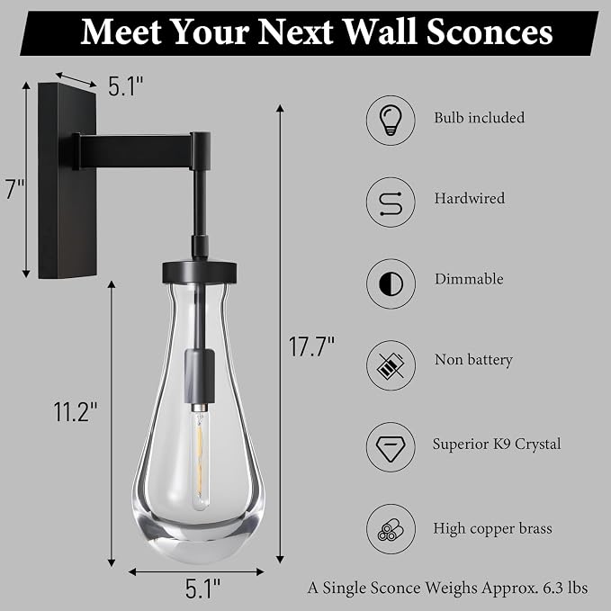 Raindrop Brass Crystal Wall Sconce: Set of 2 Modern Black Bathroom Lights | Clear Solid Sconces with Bulb, Dimmable Matte Vanity Lamp, Luxury Teardrop Lighting Fixture for Living Room Hallway Bedside