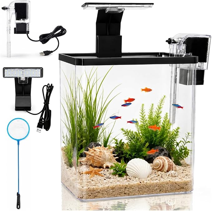 1.5 Gallon Aquarium Small Fish Tank Starter Kit with Filtration & LED Light & Fishing Net for Betta Shrimp Guppy Goldfish Aquatic Plants