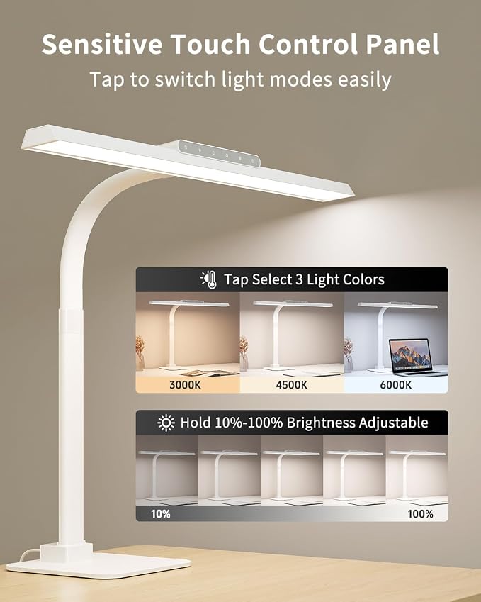 24W Desk Lamp for Home Office, Brightness Touch Control with Stable Base | Brightness Adjustable Gooseneck Tall Office Lights for Drawing,Reading,Crafts,Gaming,Workbench,Architect,Study