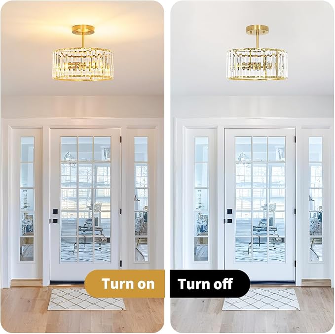 Lxybcce Modern Crystal Ceiling Light, Brushed Gold Semi Flush Mount Ceiling Lighting Fixture, Brass Hallway Light Fixtures Chandelier for Kitchen, Bedroom Dining Room Hallway Closet, 3-Light, 12 Inch