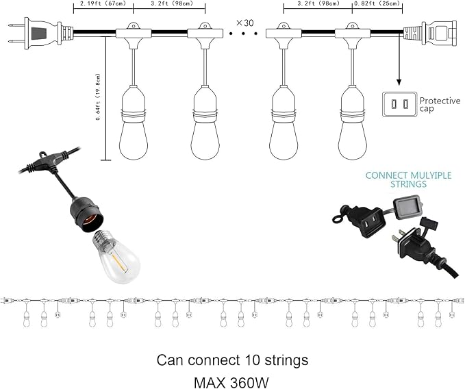 Outdoor String Lights, 105FT Waterproof Patio Lights with 1W Dimmable LED Bulbs, Hanging String Lights for Outdoor Backyard, Garden, Deck, Porch, Gazebo, Balcony, Camping, Party(Black)