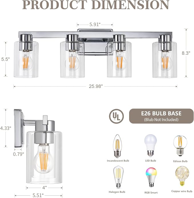 4-Light Bathroom Light Fixtures with Clear Glass, Chrome | Vanity Lights, Modern Wall Sconces, Over Mirror for Bathroom, Powder Room, Living Room