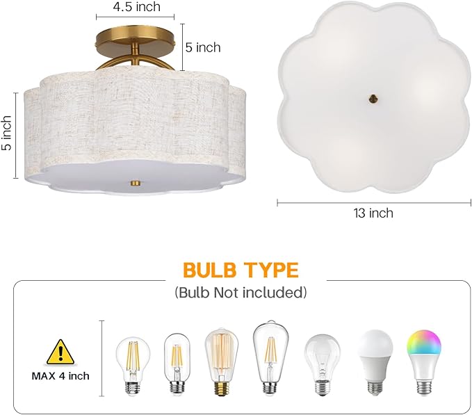 CALOKES Semi Flush Mount Ceiling Light, 11.8" Modern 3-Light Fixture with Petal-Shaped Cream Beige Linen Shade and Golden Support Arm, Ideal for Bedroom, Kitchen, Living Room, Hallway, and Entryway
