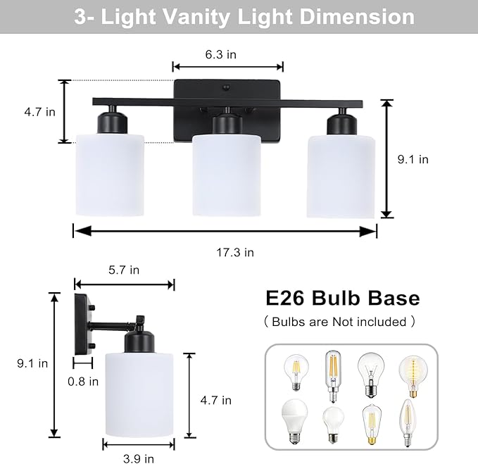 3-Light Bathroom Vanity Light Fixtures, Black Modern Vanity Light Over Mirror, Modern Wall Light with Milky White Frosted Glass Shade for Bathroom Bedroom Living Room Kitchen Hallway