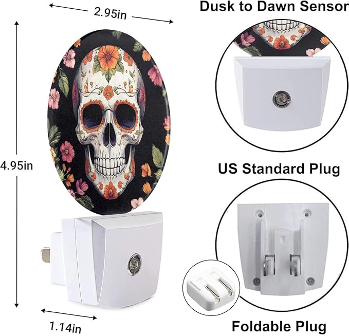 Plug-in Floral Sugar Skull Art Night Light Day of The Dead Skull or Halloween Night Lights Plug into Wall with Auto on/Off Sensor, 0.5W LED Nightlight for Bedroom Bathroom Hallway