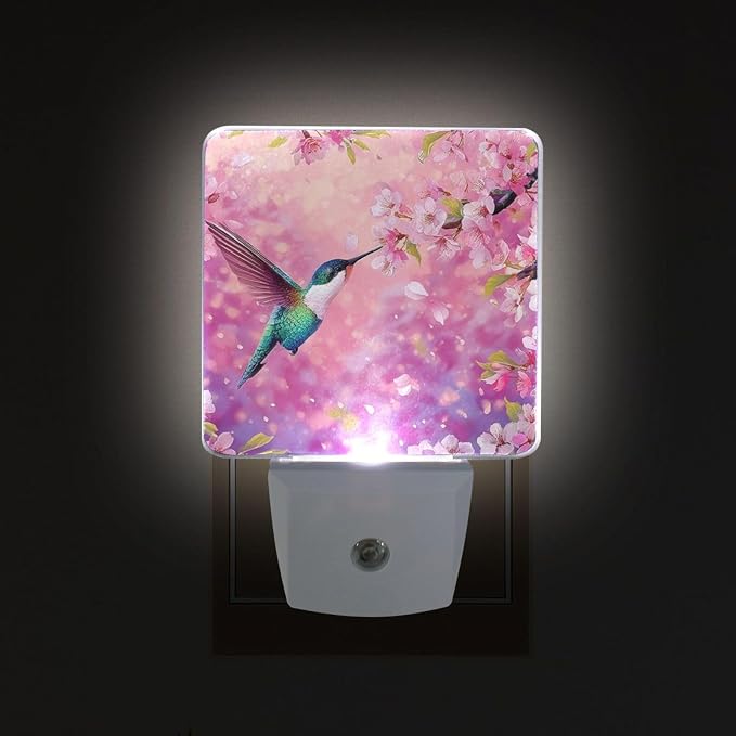 Hummingbird Pink Cherry Night Light Dusk to Dawn Sensor LED Night Dimmable Nightlight Lights Plug into Wall for Living Room