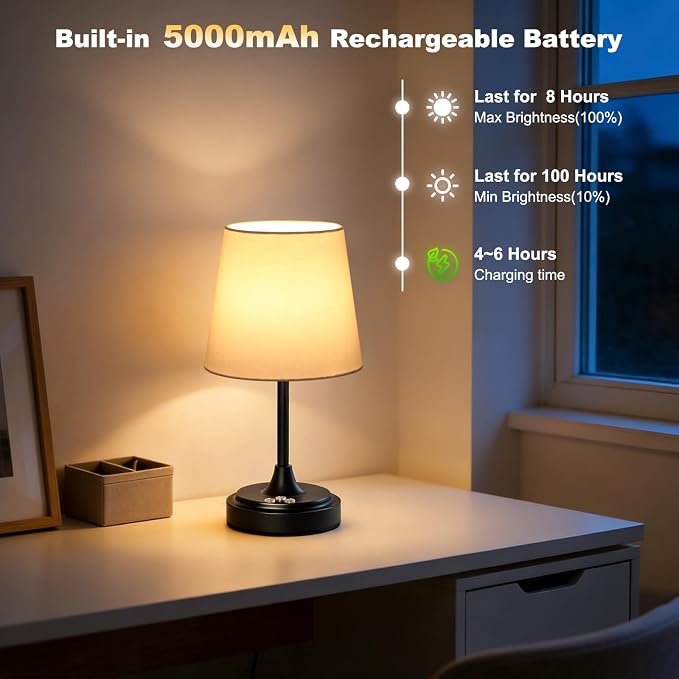 Wowag Small Cordless Table Lamp Rechargeable,5000mAh Battery Operated Desk Lamp,3 Colors & 7 RGB Stepless Dimmable,Touch Ambient Light for Bedside,Bedroom,Dining Room,Living Room,Black,WhiteShade