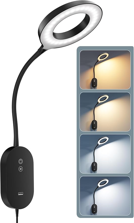 LED Wall Reading Light,Bedside Headboard Lights with 10W USB Output Fast, Wall Reading Lamps with 4 Color Modes & 5 Dimmable, Memory Function, 4-Hour Auto Off Ring Light Black