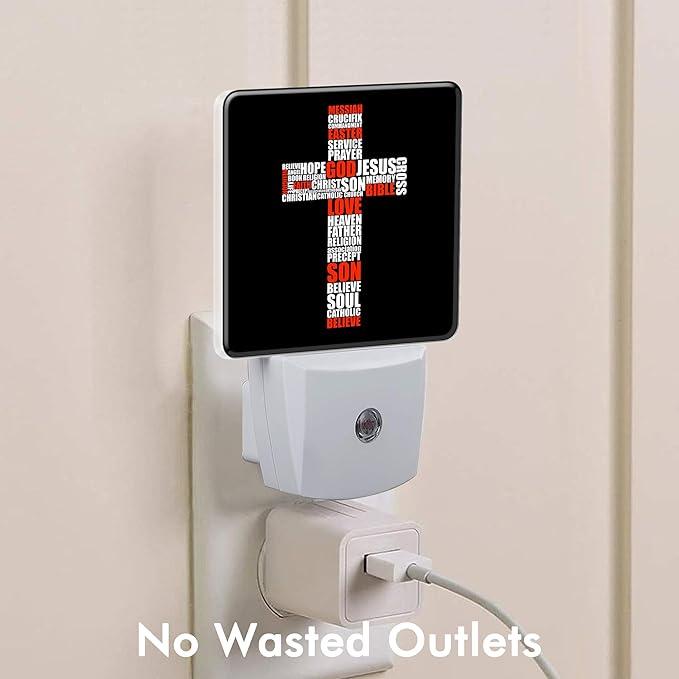 Cross of Religious Words Night Light with Dusk to Dawn Sensor LED Night Light for Home Decor, Kitchen, Bathroom, Hallway, Nursery, Stairs