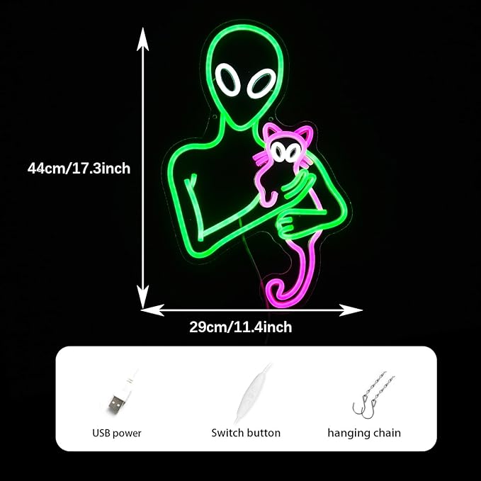 Aliens Cat Neon Sign Funny Green Aliens Pink Cat Led Light Up Sign For Wall Decor Dimmable USB Powered Neon Light For Art Wall Decorations Game Room Party Kids Birthday Gifts