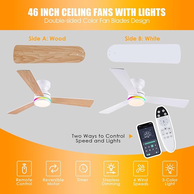 46" 3-Blade White Low Profile RGB Ceiling Fan with Light and Remote/APP | 11 RGB Modes,Reversible 6 Wind Speeds,Dimmable 3 CCT LED, 25W Quiet DC Motor,Timer,3 Double-Sided Blades,for Bedroom Party