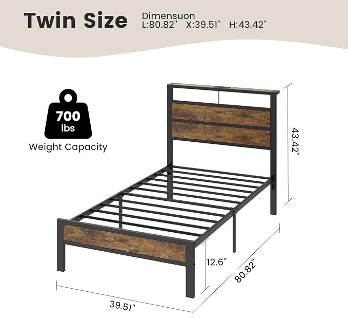 Twin Bed Frame with LED Lights & USB Charging Station | Metal Platform Bed with Storage Headboard, Under Bed Space, Noise Free, No Box Spring Needed, Easy Assembly, Brown