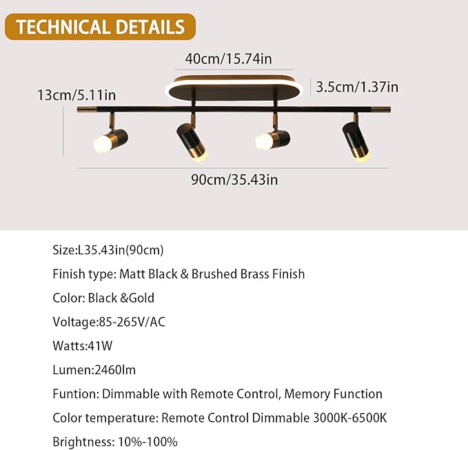 Jaycomey 4-Light LED Track Lighting Fixture with Remote Control, 41W Dimmable Ceiling Light Spotlights, Adjustable 3000K-6500K Modern Dining Room Ceiling Light for Kitchen Bedroom (Black &Gold)